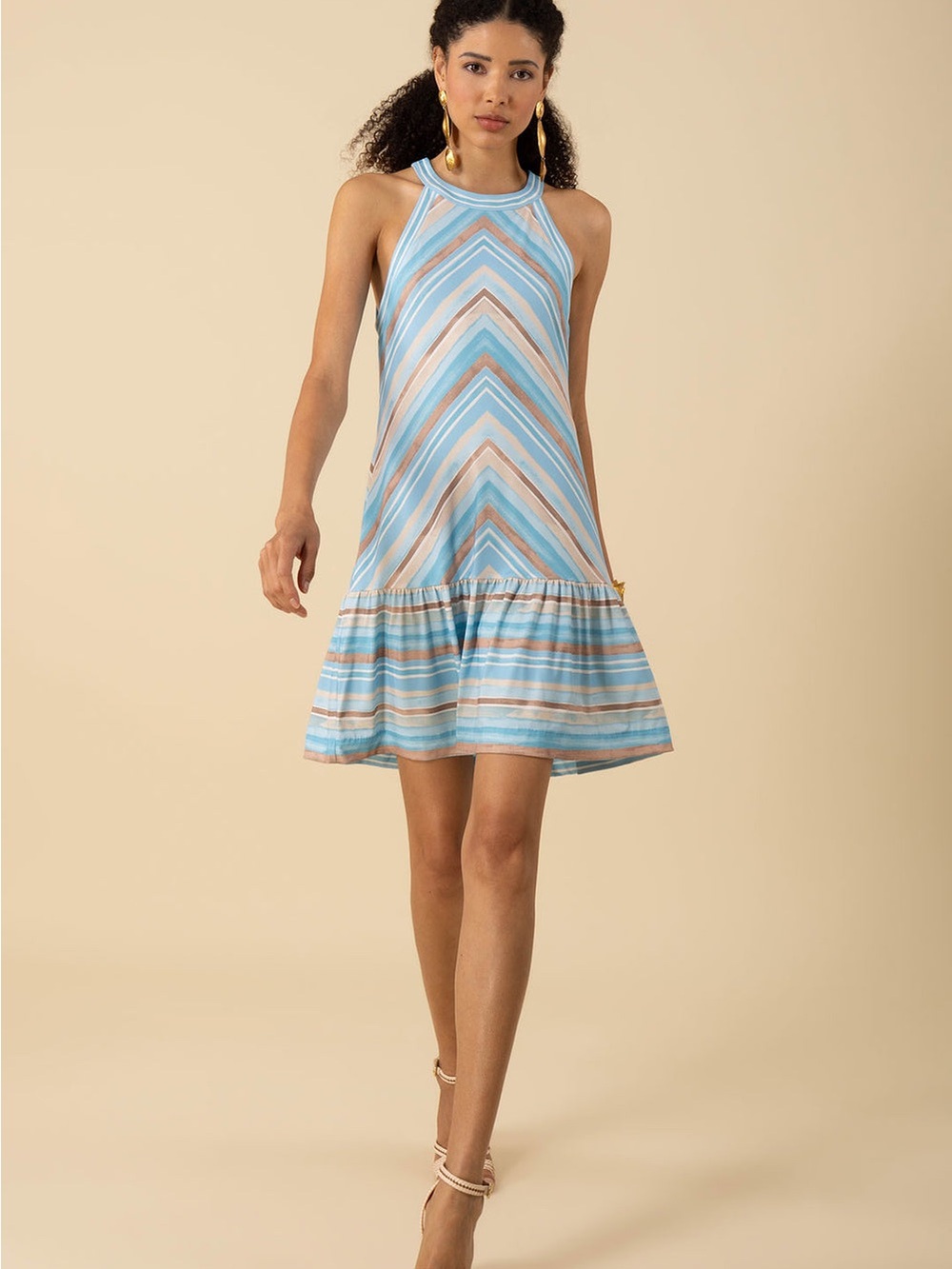 Hale Bob Striped Halter Mini Dress in Light Blue and Cream
